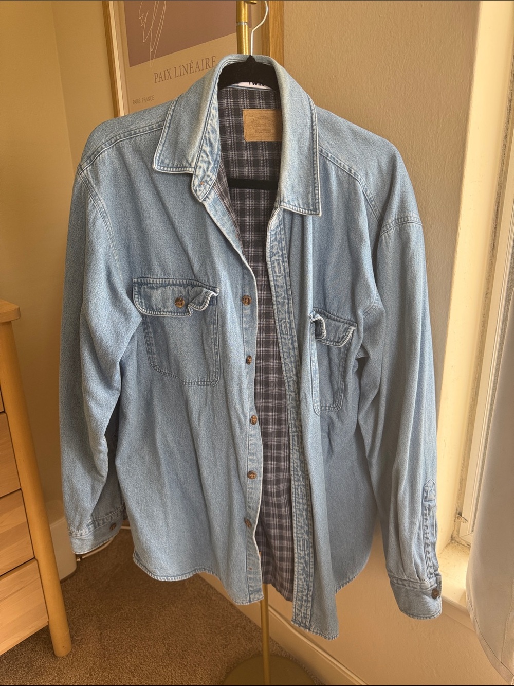 Light Blue Denim Button Down Shirt with Gray Plaid Lining